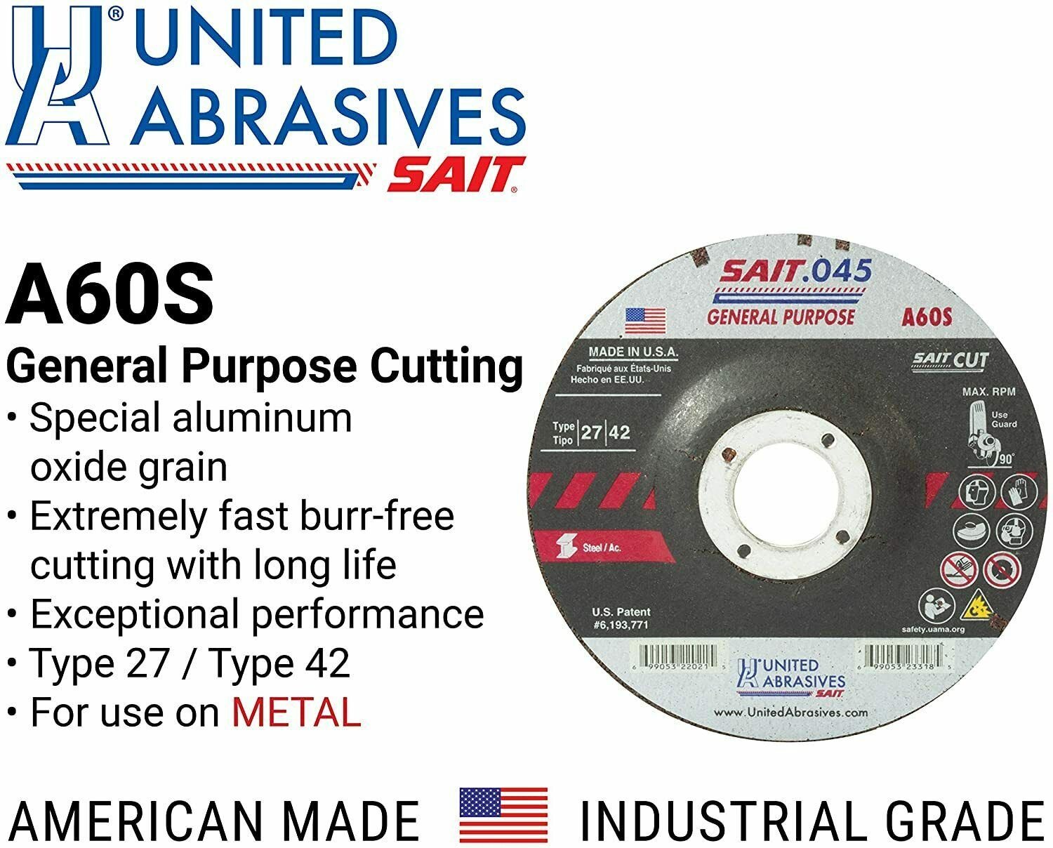 Sait 22021 Type 27 Depressed center .045 Cutting Wheels 4 - 1/2 X .045 X 7/8 A60S - SaitSait 22021 Type 27 Depressed center .045 Cutting W