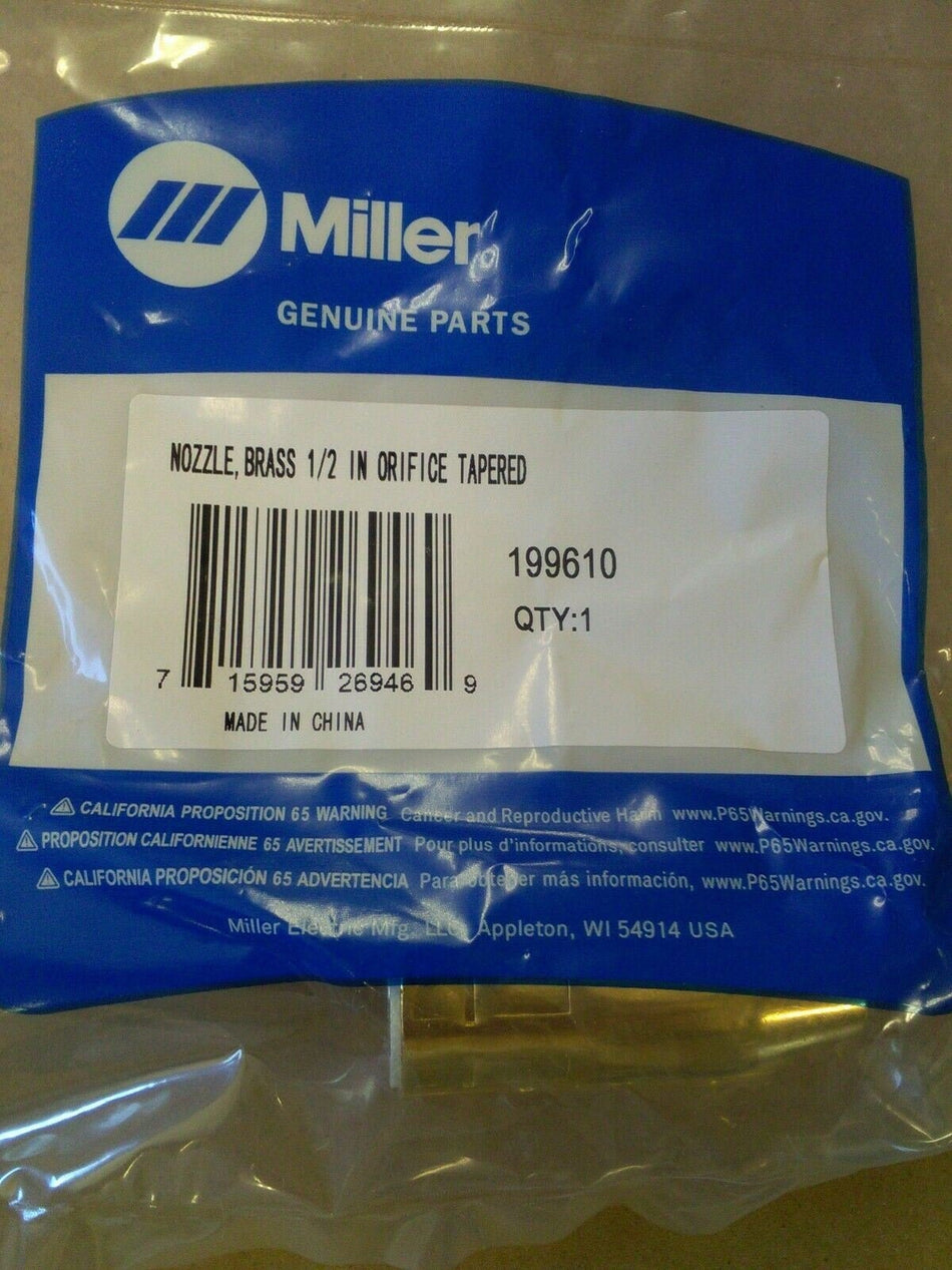 Miller 199610 Mig Nozzle Brass 1/2" Orfice Tapered Qty 1 - Miller199610