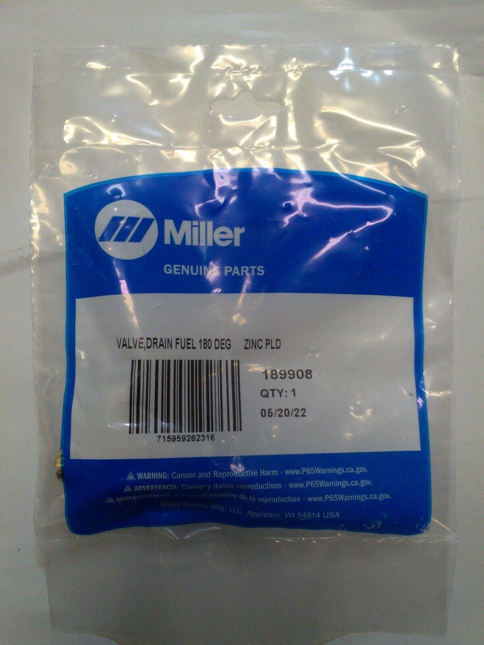 Miller 189908 Valve Drain Fuel 180 Deg Zink PLD - Miller189908