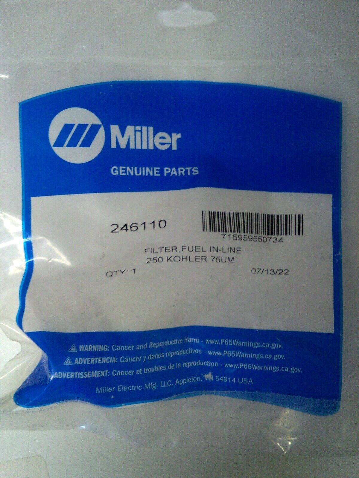 Miller 246110 Fuel Filter IN - LINE .250 KOHLER 75UM - Miller246110