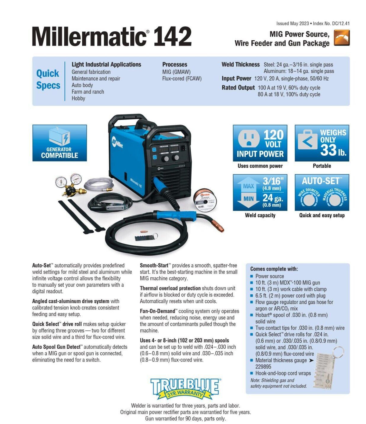 Miler Millermatic 142 Mig Welder 120V 50/60HZ 1PH - 907838 - Miller907838