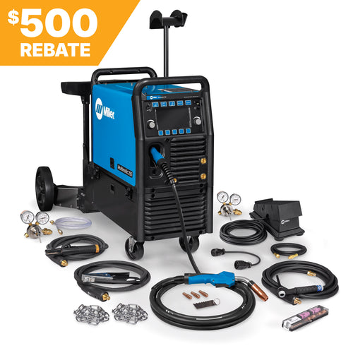 Miller Multimatic 255 Welding System with TIG kit. Full machine and accessories view with a $500 rebate banner in the top-left corner.
