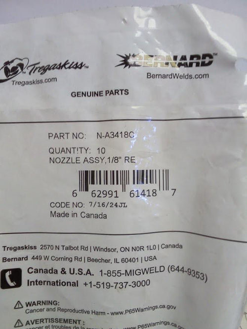 Bernard Nozzle ASSY 1/8" REC 3/4"C ORIFICE Copper N - A3418C Qty 10 - Atlas Welding Supply