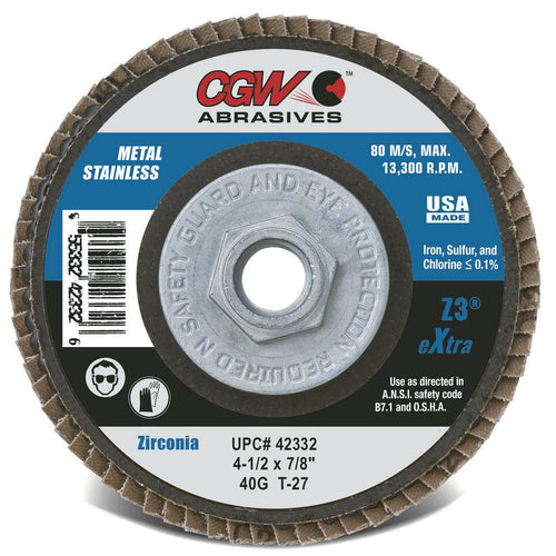 CGW Abrasives 4 - 1/2 Flap Discs X 7/8 Arbor Zirconia 120 T27 42306 - Atlas Welding Supply