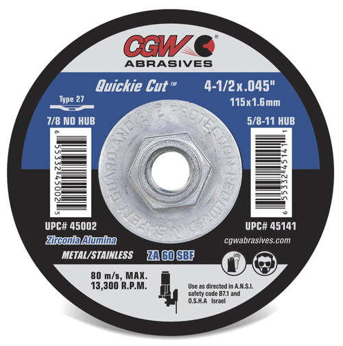 CGW Quickie Cut 4 - 1/2 x .045" Type 27 Cut Off Wheel 7/8 Zirconia Alumina 45002 - Atlas Welding Supply