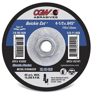 CGW Quickie Cut Type 27 Reinforced Cutting Wheels 7" x .045 x 7/8 45008 - Atlas Welding Supply