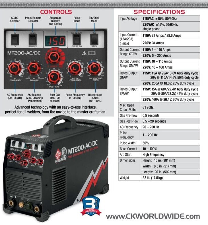 CK Worldwide MT200 AC/DC TIG Welding Machine With Flex Head - CK WorldwideMT - 200 - AC/DC