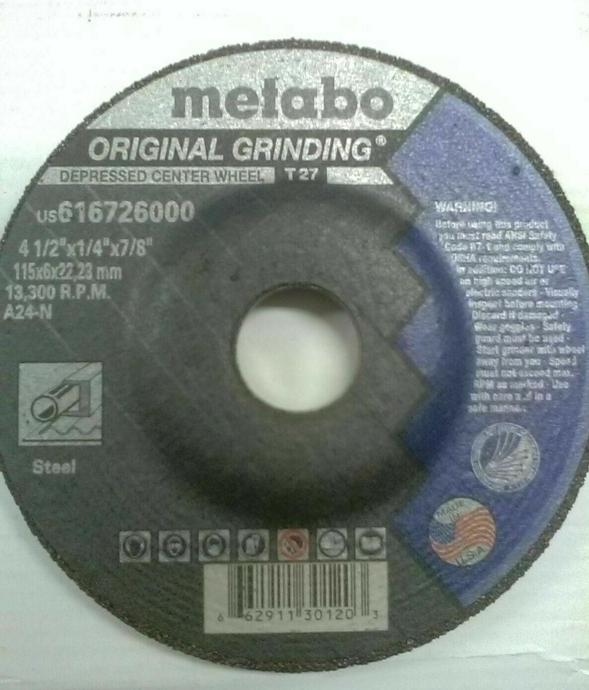 Metabo ORIGINAL GRINDING 4 1/2" X 1/4" X 7/8", TYPE 27, A24N US 616726000 Qty 25 - Atlas Welding Supply
