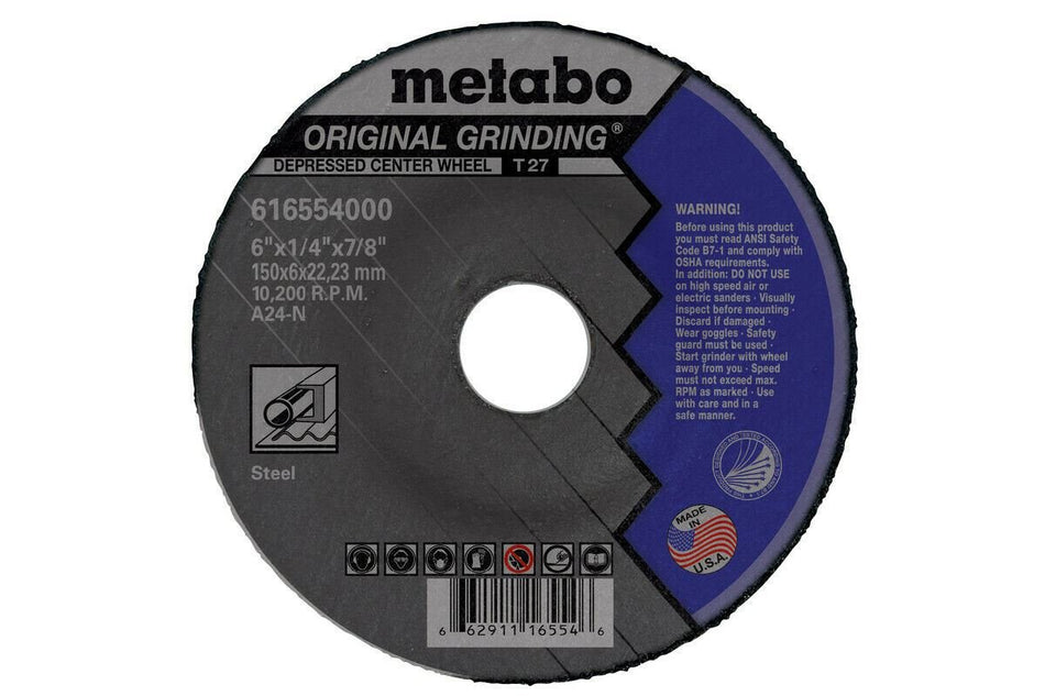 Metabo Original Grinding 6" X 1/4" X 7/8" TYPE 27 A24N US - 616554000 Box of 25 - Atlas Welding Supply