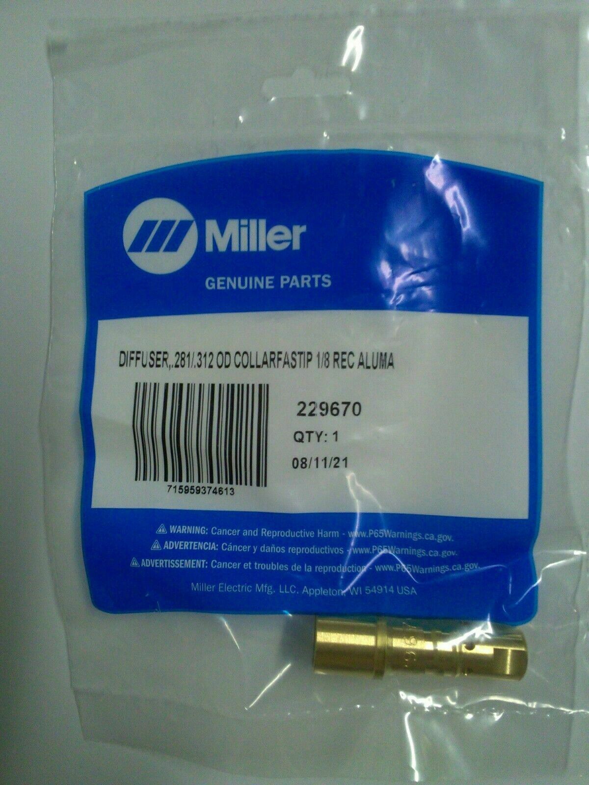 Miller 229670 Diffuser .281/.312 OD Collar Fastip 1/8 Rec Aluma - Atlas Welding Supply