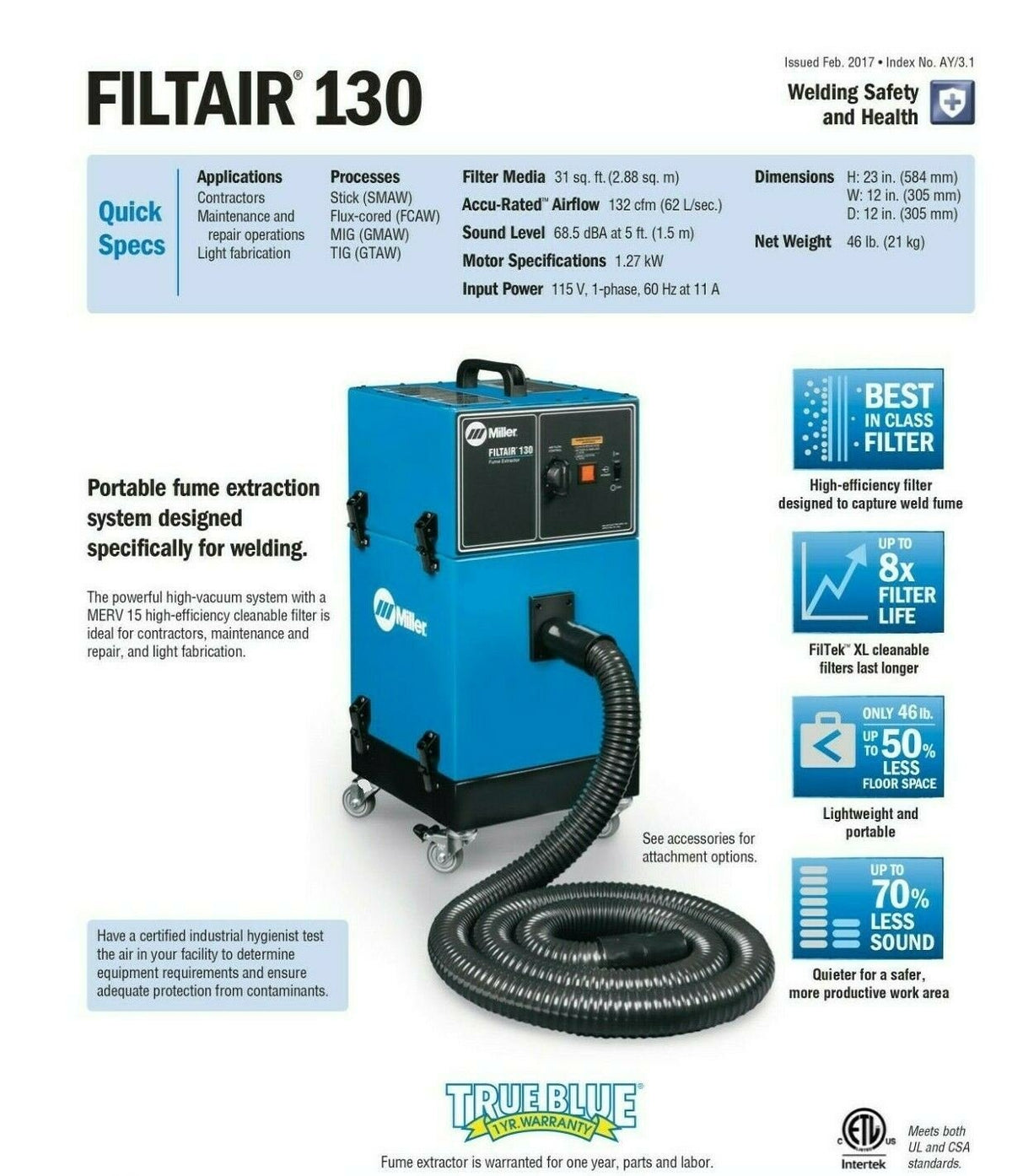 Miller 300595 FILTAIR 130 Portable Weld Fume Extractor - Atlas Welding Supply