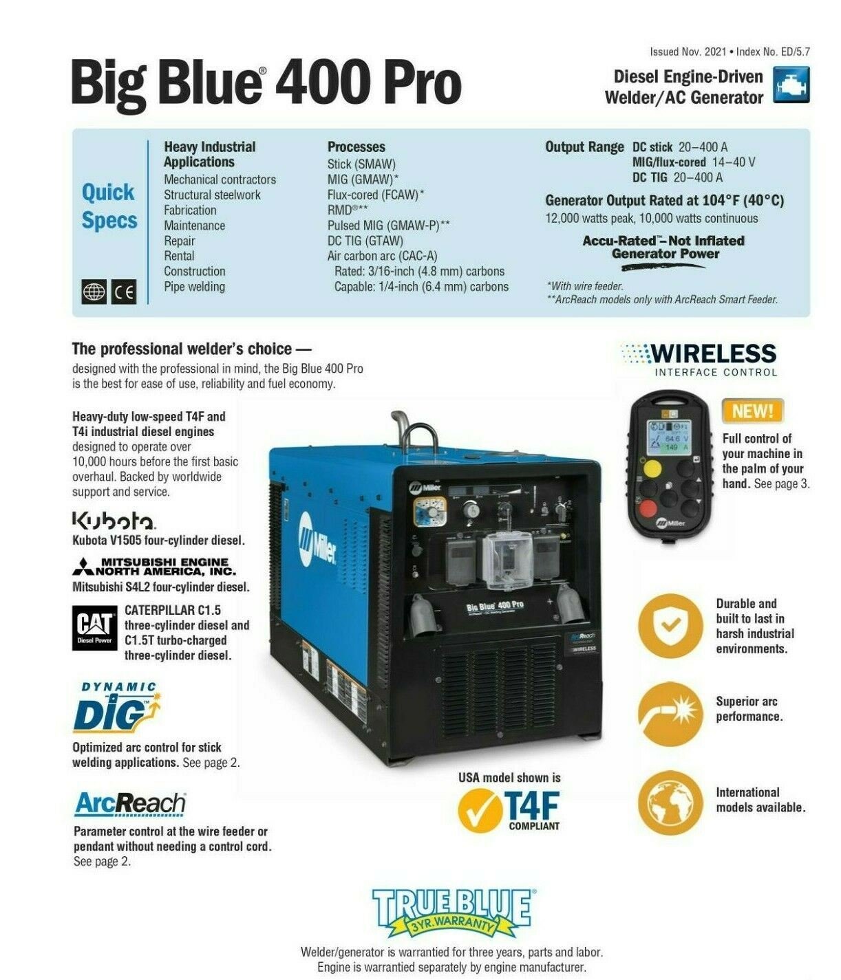 Miller Big Blue 400 Pro Engine Driv Welder Generator (Kubota) Multiproses 907732 - Atlas Welding Supply