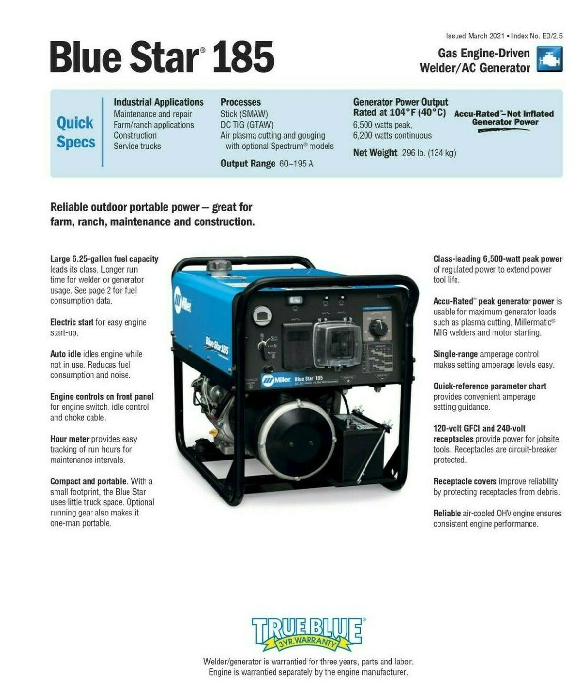 Miller Blue Star 185 Engine - Driven Welder / Generator 907664 - Atlas Welding Supply