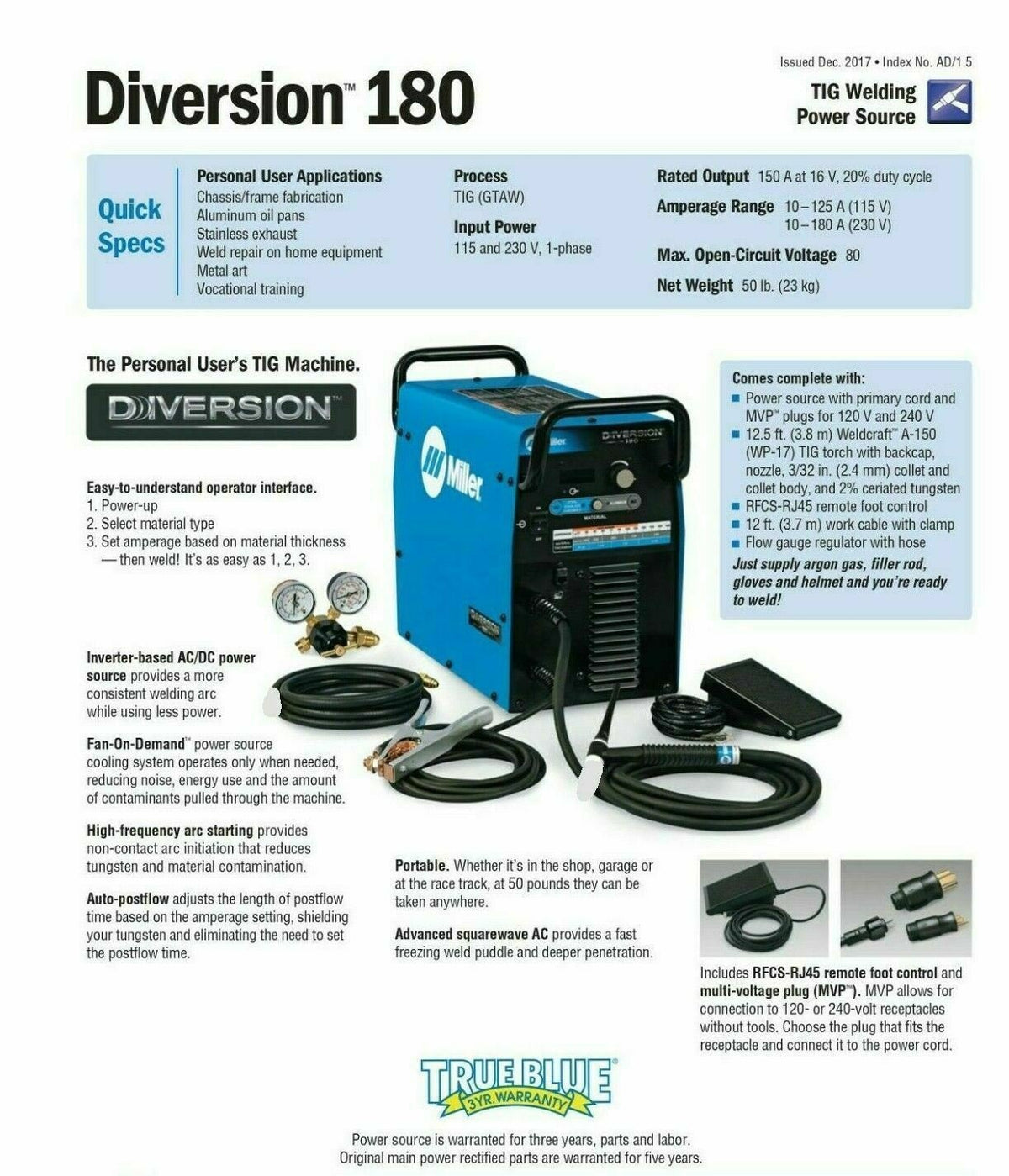 Miller Diversion 180 AC/DC TIG Welder 907627 With Running Gear - Atlas Welding Supply