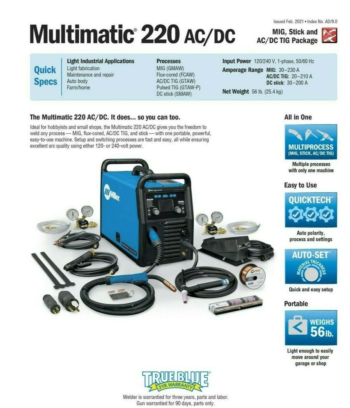 Miller Multimatic 220 AC/DC Multiprocess MIG Stick and AC/DC TIG Welder 907757 - Atlas Welding Supply