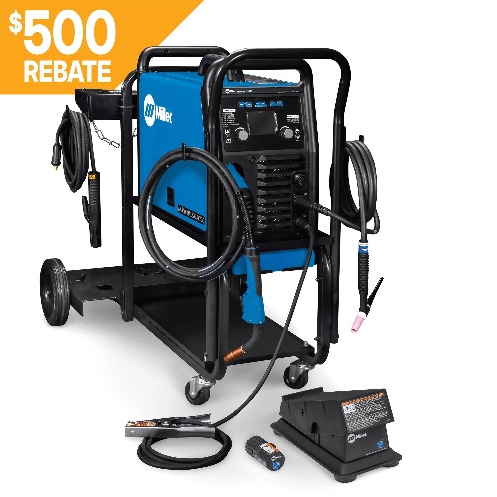 Miller Multimatic 220 AC/DC w/ Dual Cylinder Cart & Wireless Foot Peda ...