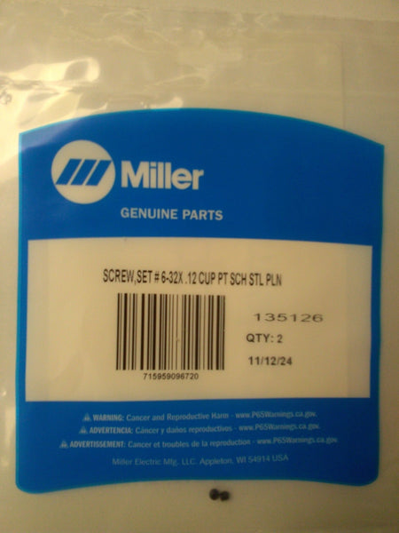 Miller SCREW,SET # 6 - 32X .12 CUP PT SCH STL PLN - 135126 - Atlas Welding Supply