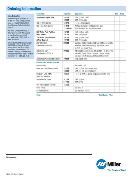 Miller XR - Pistol Push - Pull Mig SpoolGun 30ft Air Cooled WQuick Disconnect 198128 - Atlas Welding Supply