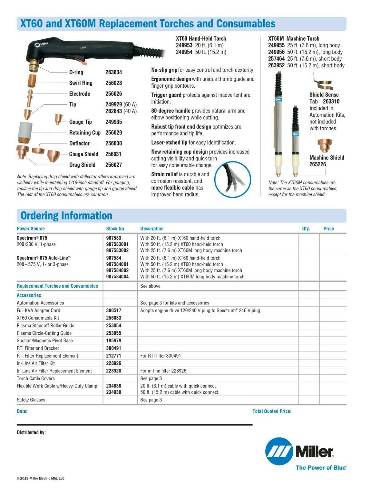 Miller XT60 Plasma Hand Torch with 50ft Leads 249954 - Atlas Welding Supply