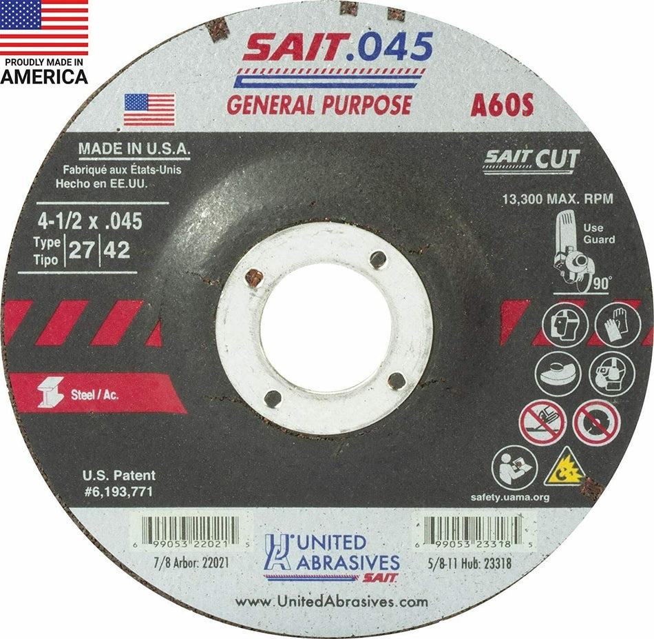 Sait 22021 Type 27 Depressed center .045 Cutting Wheels 4 - 1/2 X .045 X 7/8 A60S - Atlas Welding Supply