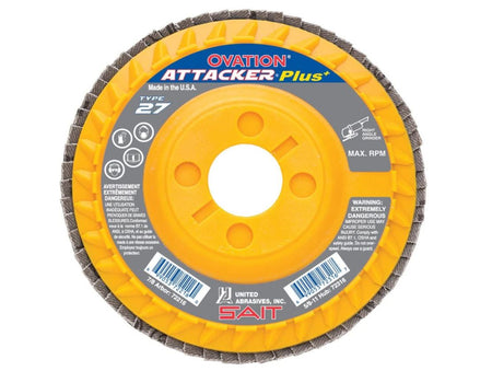 UNITED ABRASIVES OVATION ATTACKER+ TYPE 27 FLAP DISC 4 - 1/2 X 7/8 60 GRIT 72216 - Atlas Welding Supply