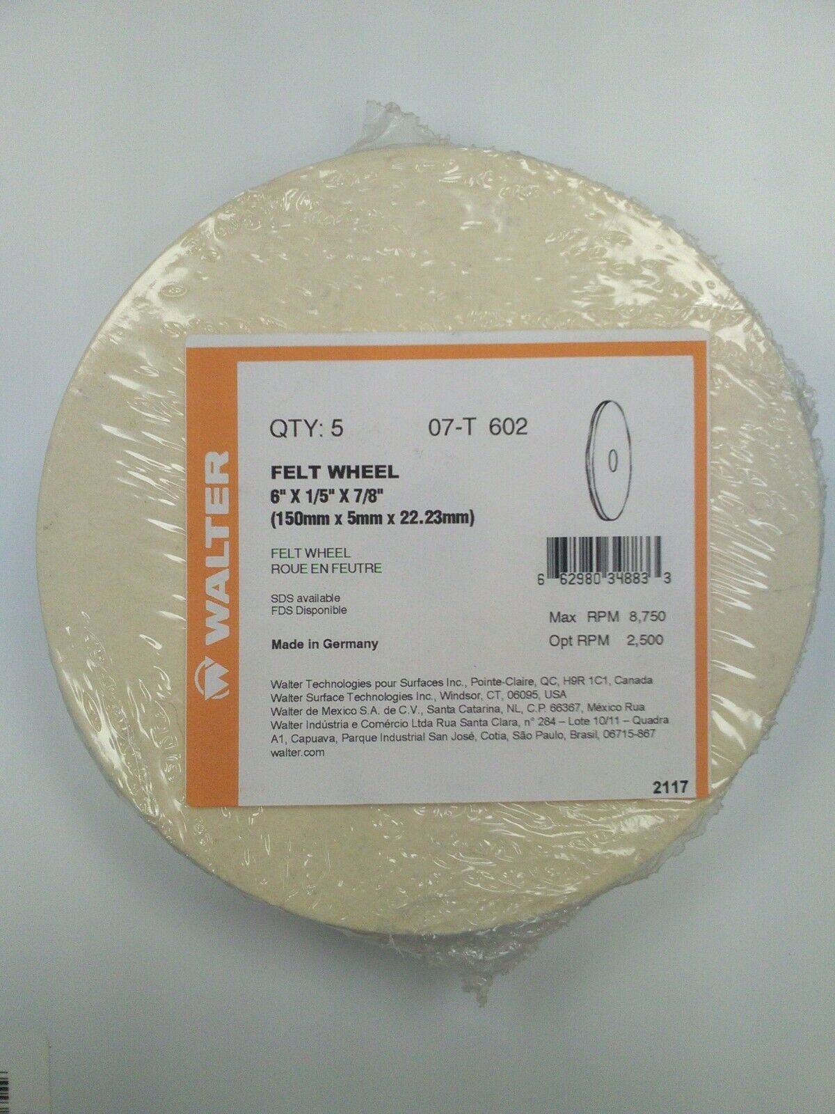 Walter Finish Felt Wheel 6" X 1/5" X 7/8 Qty 5 - Atlas Welding Supply
