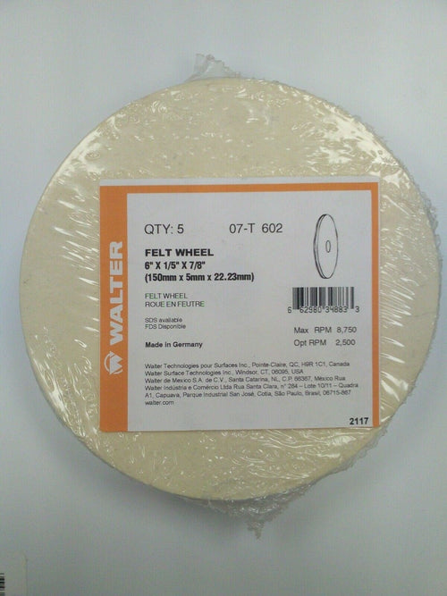 Walter Finish Felt Wheel 6" X 1/5" X 7/8 Qty 5 - Atlas Welding Supply
