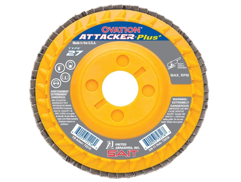 UNITED ABRASIVES OVATION ATTACKER+ TYPE 27 FLAP DISC 4-1/2 X 7/8 60 GRIT 72216